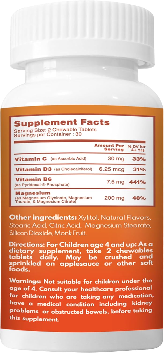 Chewable Kids Magnesium Supplement with Vitamin B6, D & C | Calm & Focus Support | High-Absorption Formula | Sugar-Free & Non-GMO | 60 Tablets