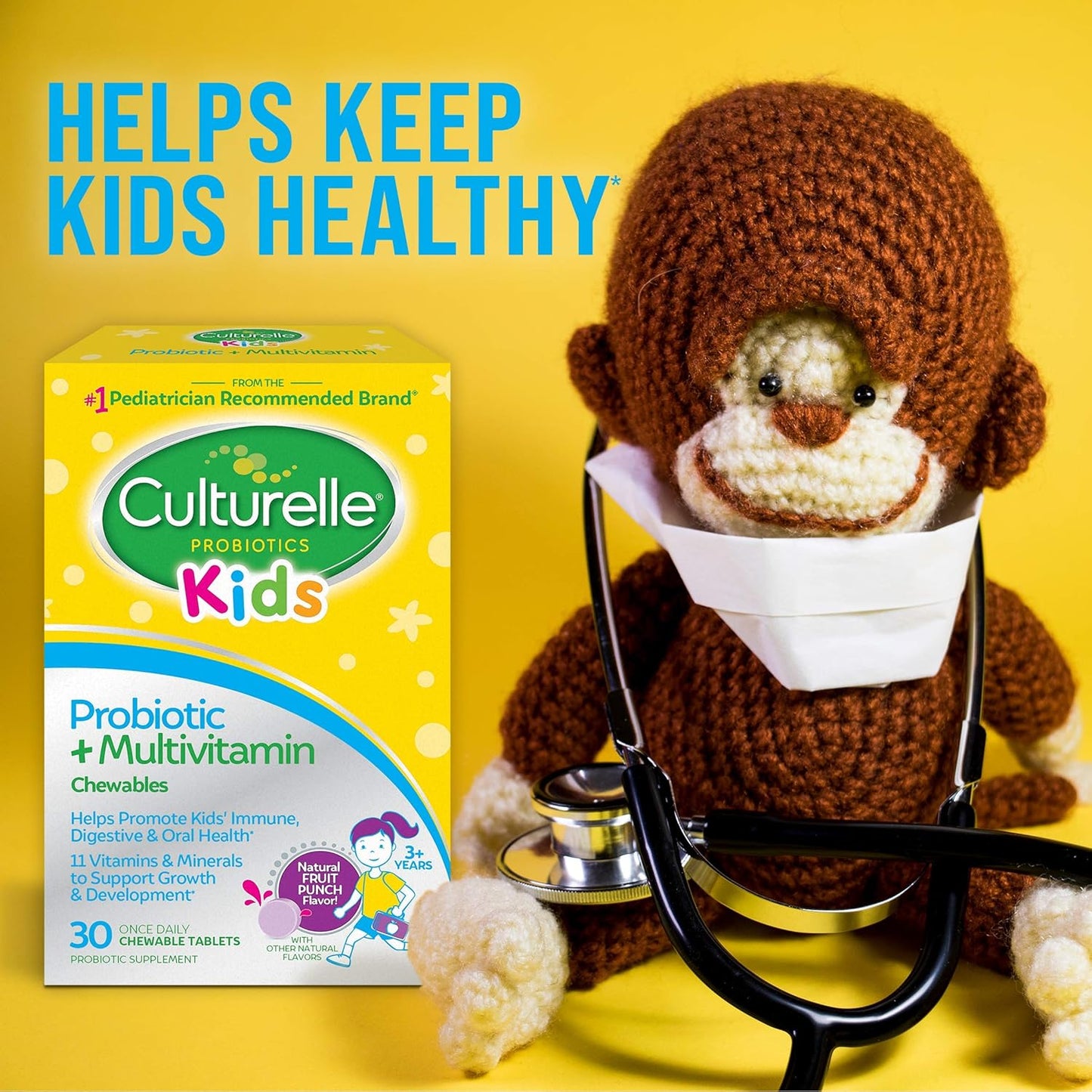 Chewable Kids Probiotic & Multivitamin with 11 Vitamins - 30 Count, Ages 3+, Digestive, Oral, & Immune Support