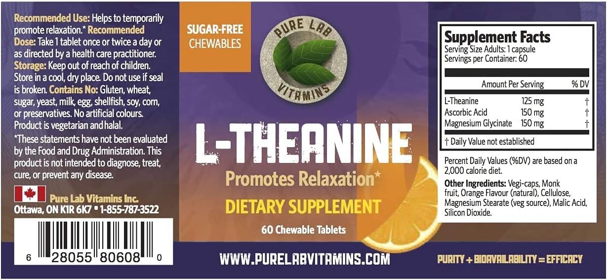 Chewable L-Theanine 125mg Tablets for Brain Memory, Focus & Relaxation - 60 Count - Adult Sleep Quality Supplement