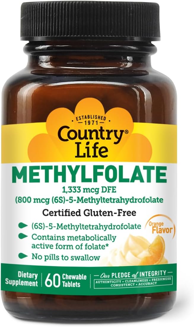 Chewable Methylfolate Tablets with Orange Flavor - Gluten-Free Vegan B12 Daily Supplement for Women - 60 Tablets