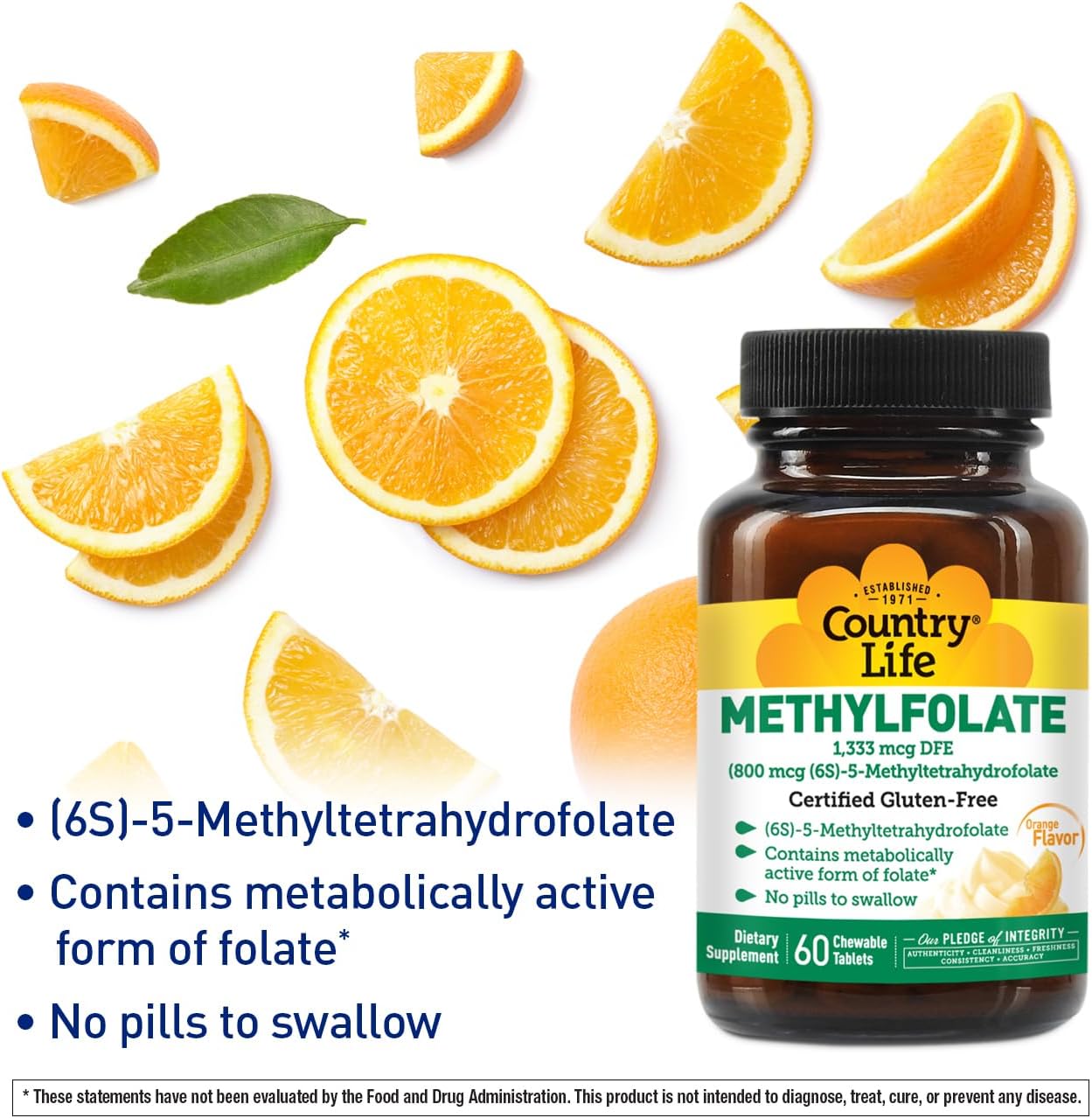 Chewable Methylfolate Tablets with Orange Flavor - Gluten-Free Vegan B12 Daily Supplement for Women - 60 Tablets