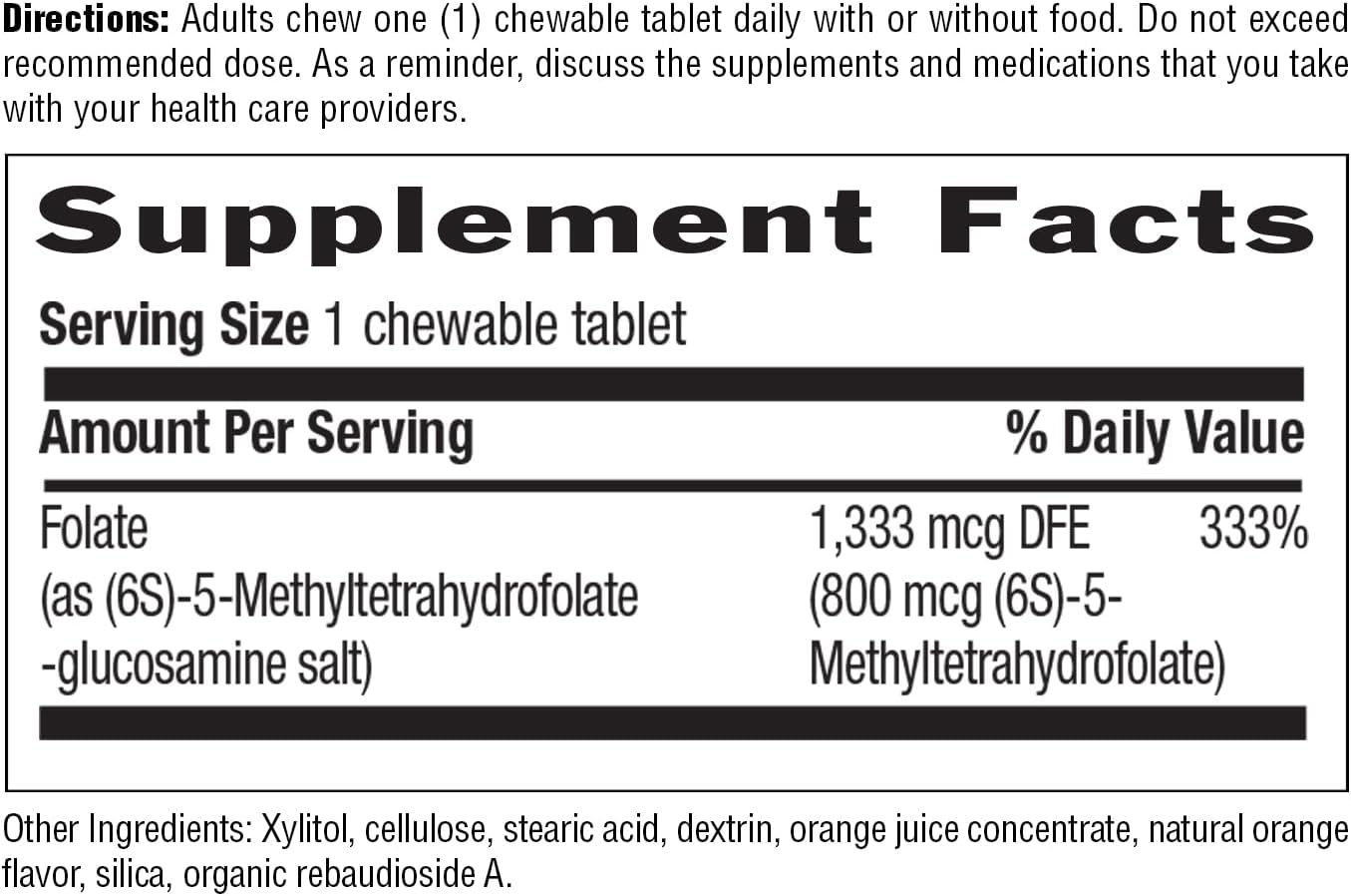 Chewable Methylfolate Tablets with Orange Flavor - Gluten-Free Vegan B12 Daily Supplement for Women - 60 Tablets