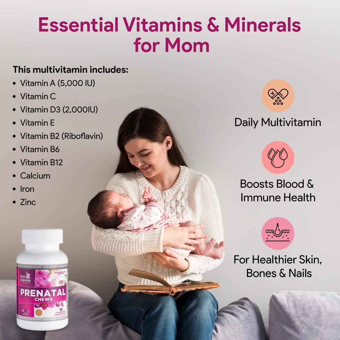 Chewable Prenatal Vitamins for Women with 800 MCG of Folate, Iron & Kosher Cherry Flavor - 90 Count
