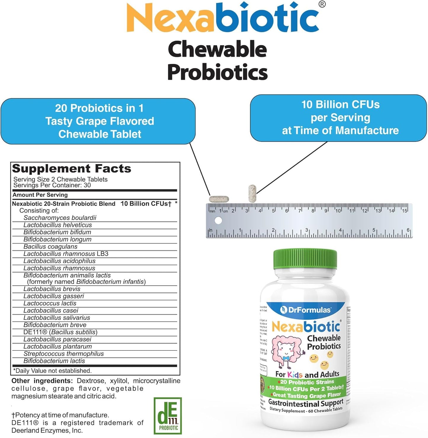 Chewable Probiotics for Oral Dental Health, Bad Breath & Digestion | Kids & Adults | 20 Multi Strain - S boulardii, Lactobacillus plantarum, Bifidobacterium infantis | 60 Chews