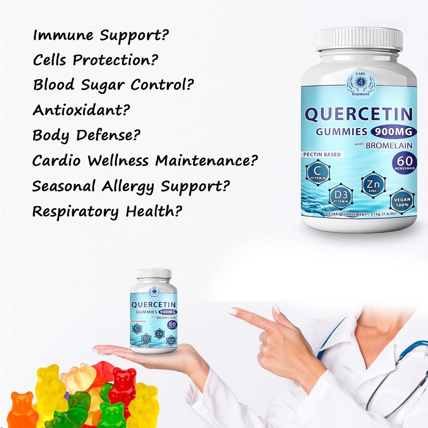 Chewable Quercetin Gummies with Bromelain, Vitamin C, Zinc, and Vitamin D3 - 900mg Quercetin Supplements for Kids and Adults