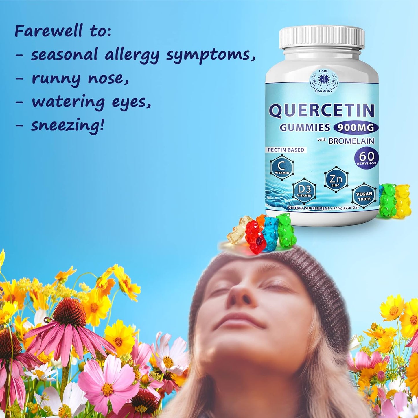 Chewable Quercetin Gummies with Bromelain, Vitamin C, Zinc, and Vitamin D3 - 900mg Quercetin Supplements for Kids and Adults
