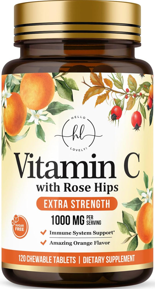 Chewable Vitamin C 1000mg with Rose HIPS Bioflavonoids - Immune Support & Antioxidant Protection - 120 Tablets