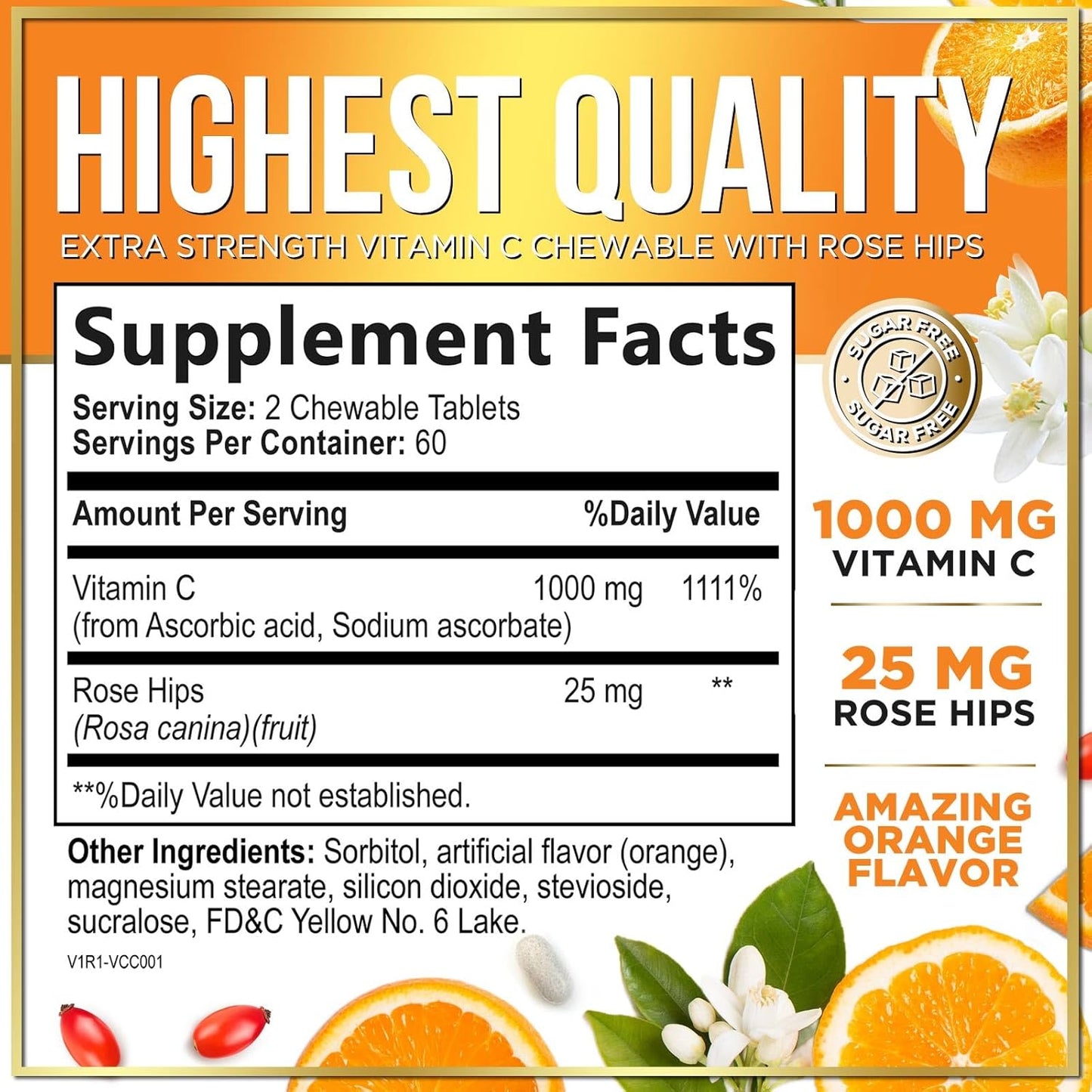 Chewable Vitamin C 1000mg with Rose HIPS Bioflavonoids - Immune Support & Antioxidant Protection - 120 Tablets