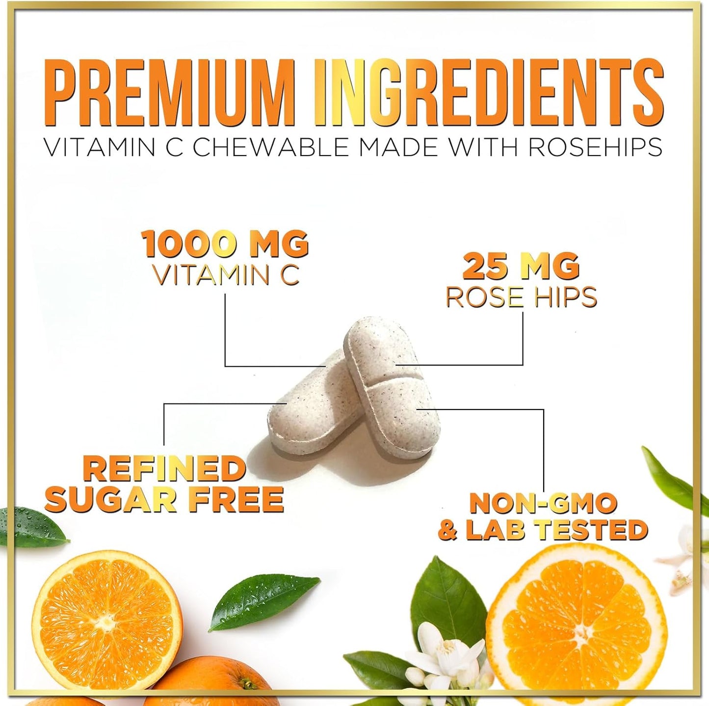 Chewable Vitamin C 1000mg with Rose HIPS Bioflavonoids - Immune Support & Antioxidant Protection - 120 Tablets