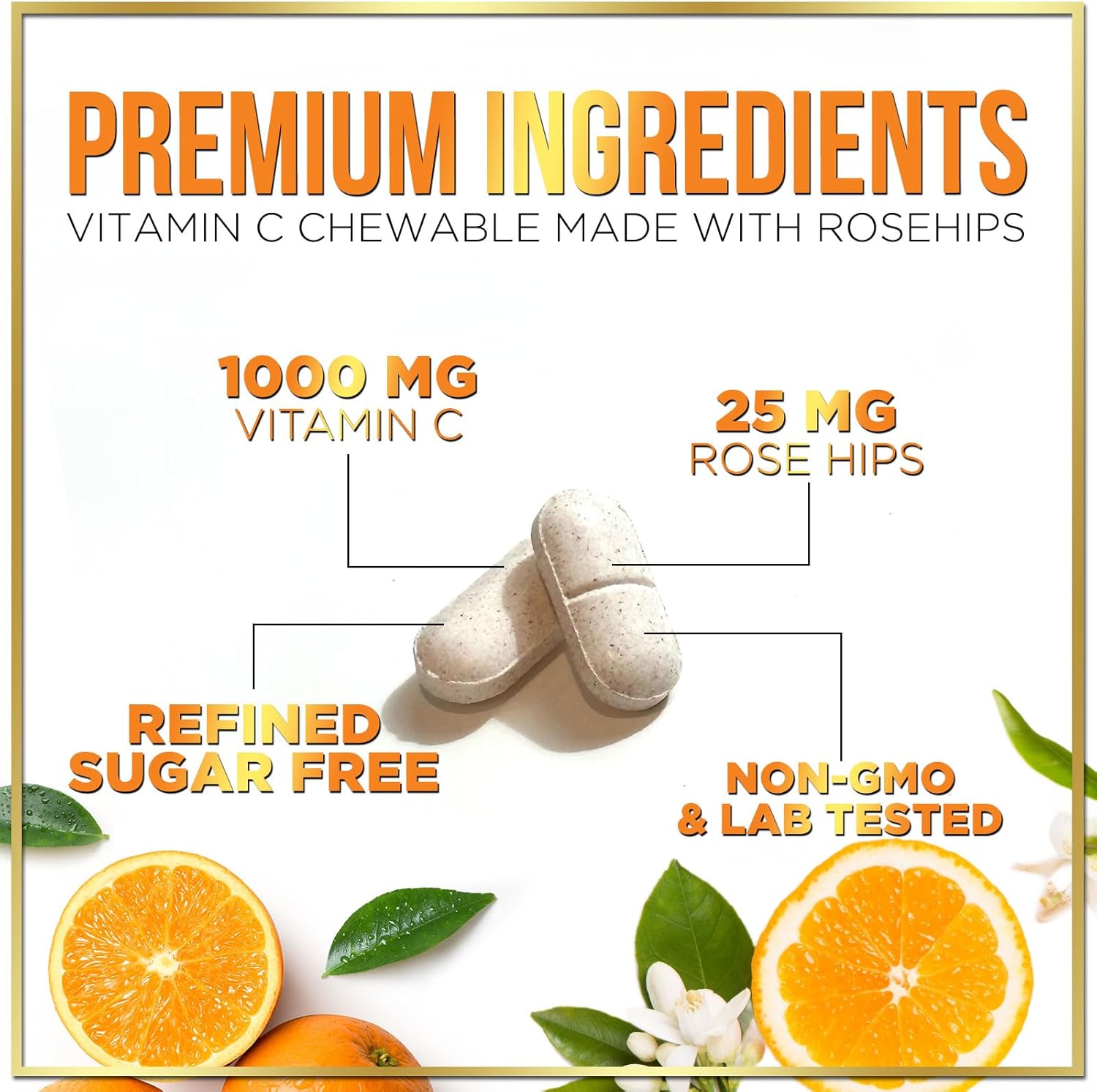 Chewable Vitamin C 1000mg with Rose HIPS Bioflavonoids - Immune Support & Antioxidant Protection - 120 Tablets