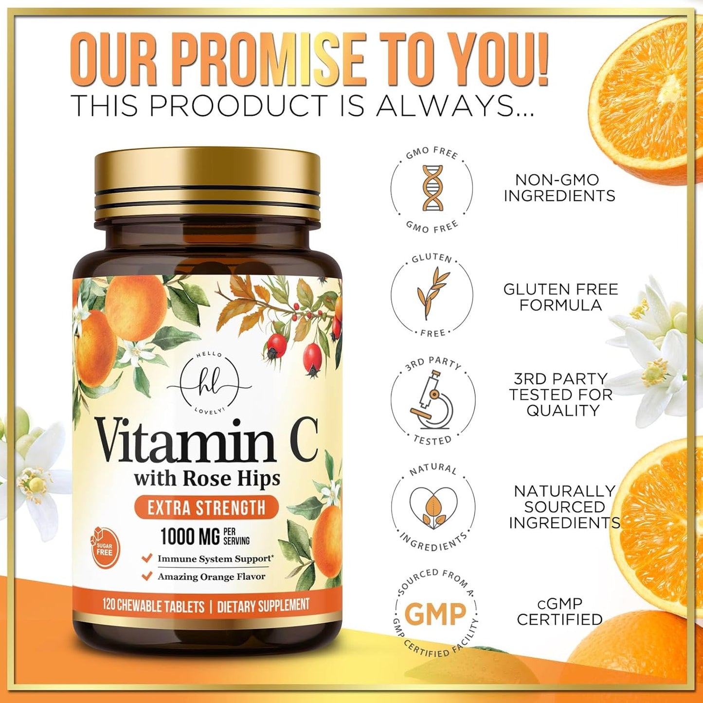 Chewable Vitamin C 1000mg with Rose HIPS Bioflavonoids - Immune Support & Antioxidant Protection - 120 Tablets