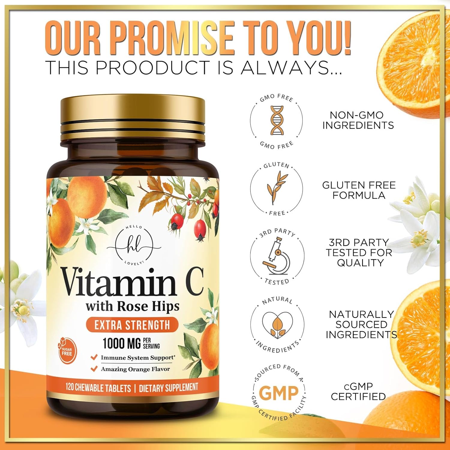 Chewable Vitamin C 1000mg with Rose HIPS Bioflavonoids - Immune Support & Antioxidant Protection - 120 Tablets