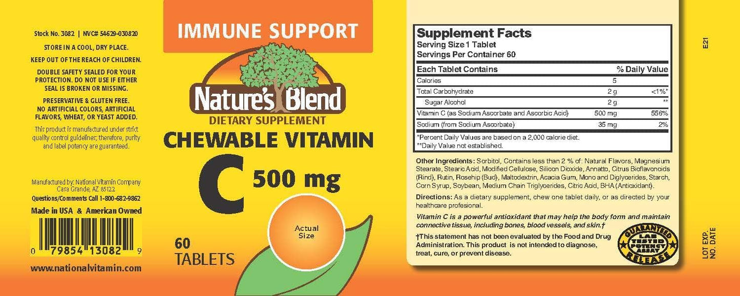 Chewable Vitamin C Tablets - Low Sugar, Tooth-Friendly Essential Vitamin - 500mg, 60 Count