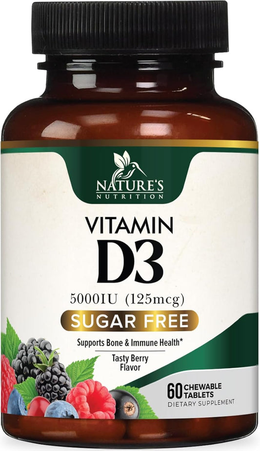 Chewable Vitamin D3 5000 IU for Bone, Teeth, Muscle & Immune Support - Sugar Free, Non-GMO, Gluten Free - 60 Tablets
