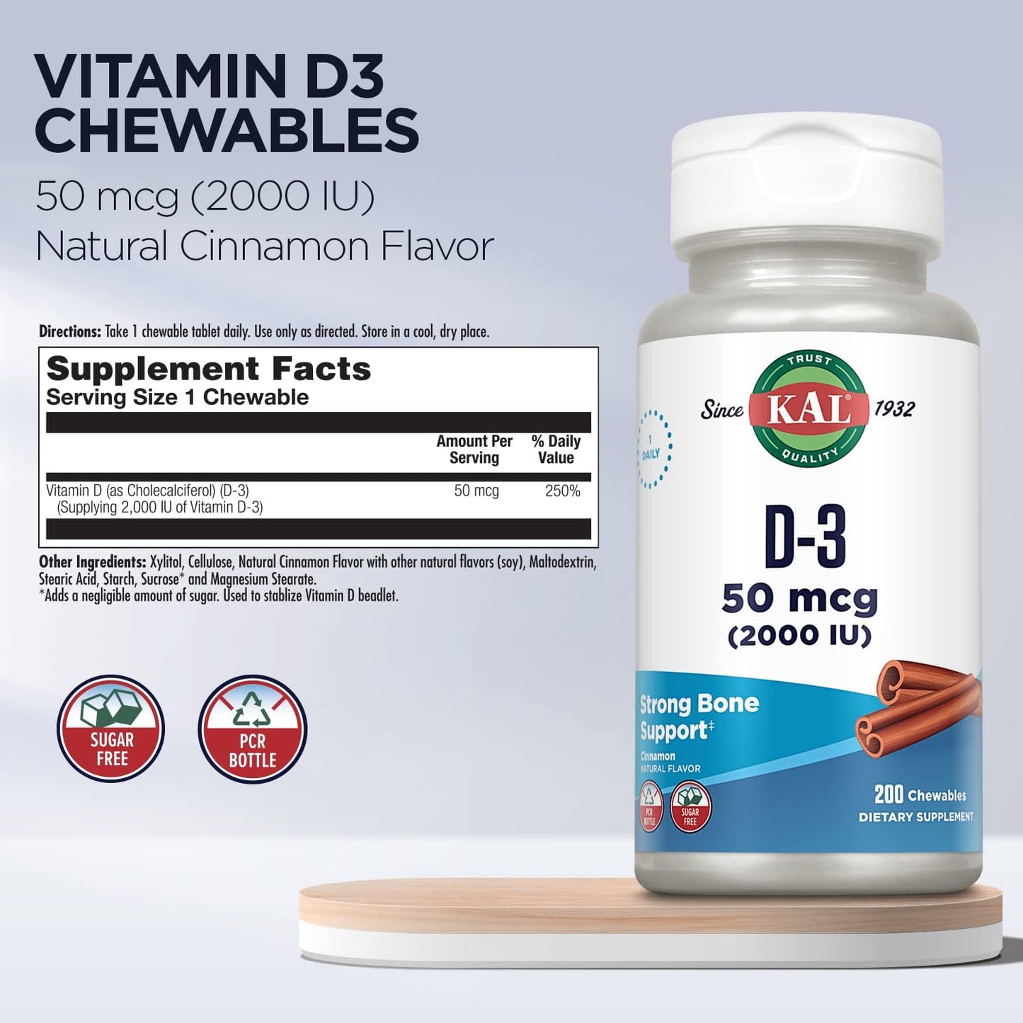Chewable Vitamin D3 Supplement with 2000 IU - Natural Cinnamon Flavor for Immune Support & Bone Health - 200 Servings