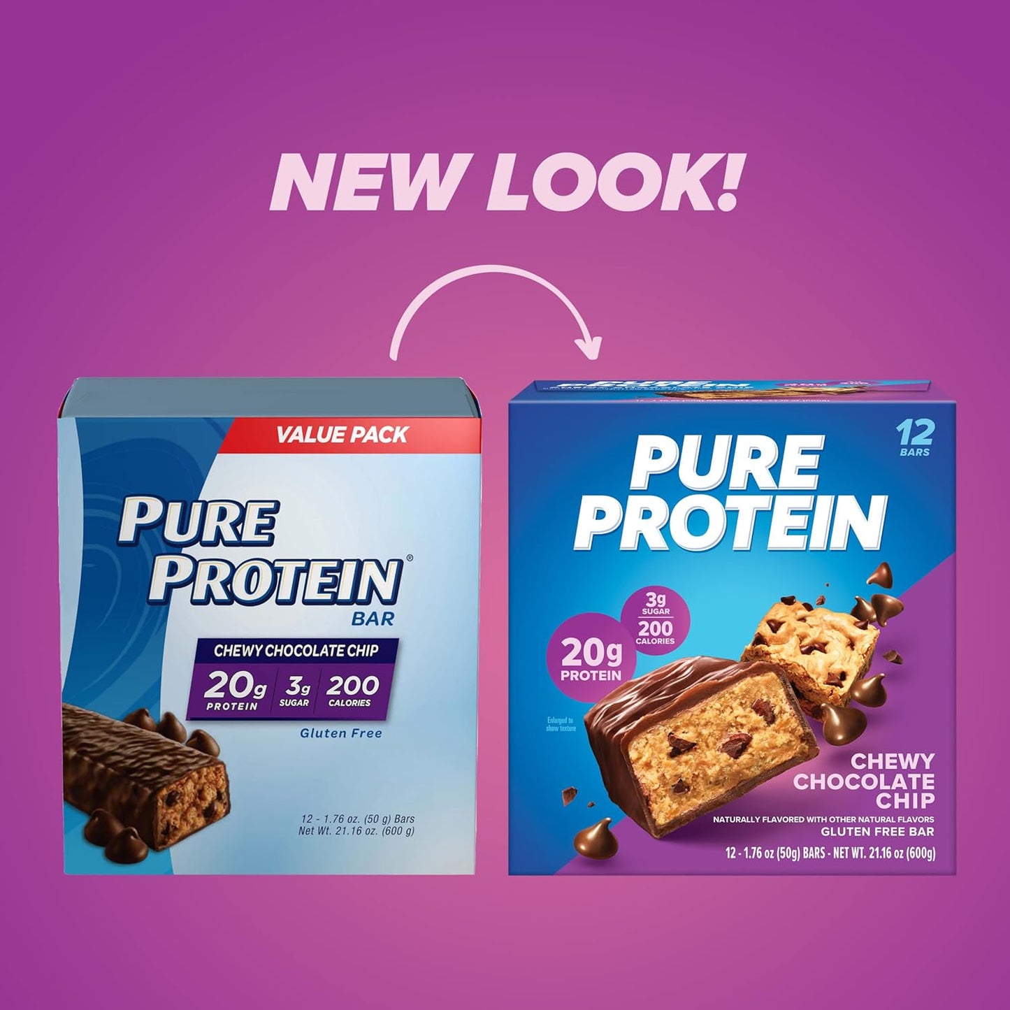 Chewy Chocolate Chip Pure Protein Bars - Pack of 12, High Protein, Low Sugar, Gluten Free Snacks for Energy Boost