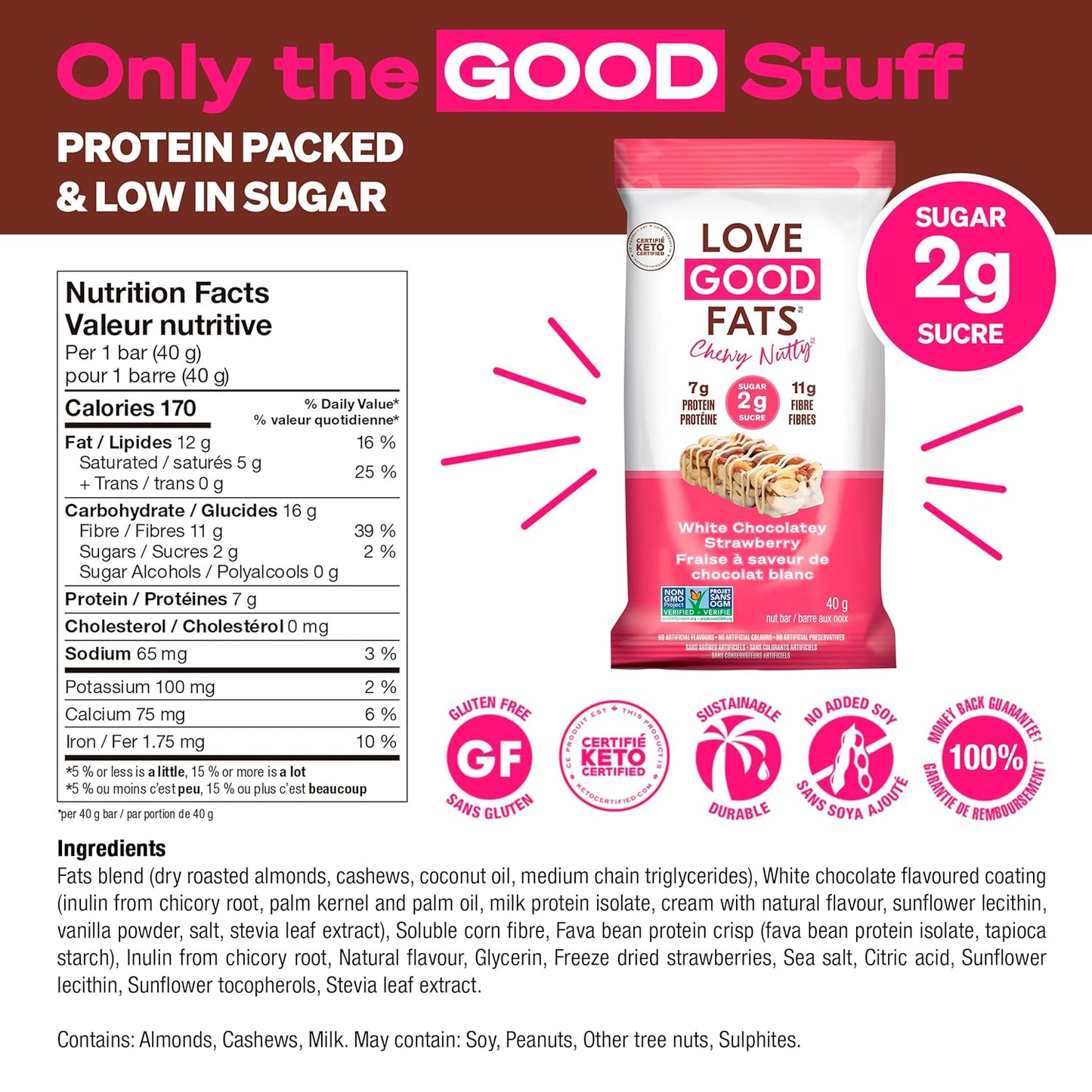 Chewy Nutty White Chocolate Strawberry Keto Bars - Low Carb Protein Snacks - 12 Pack (1.59oz)