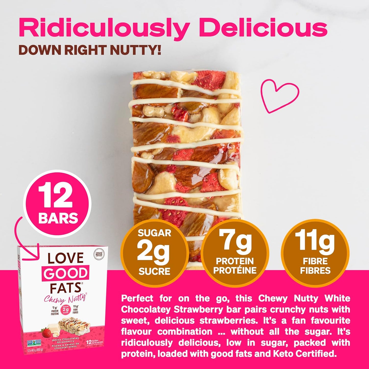 Chewy Nutty White Chocolate Strawberry Keto Bars - Low Carb Protein Snacks - 12 Pack (1.59oz)