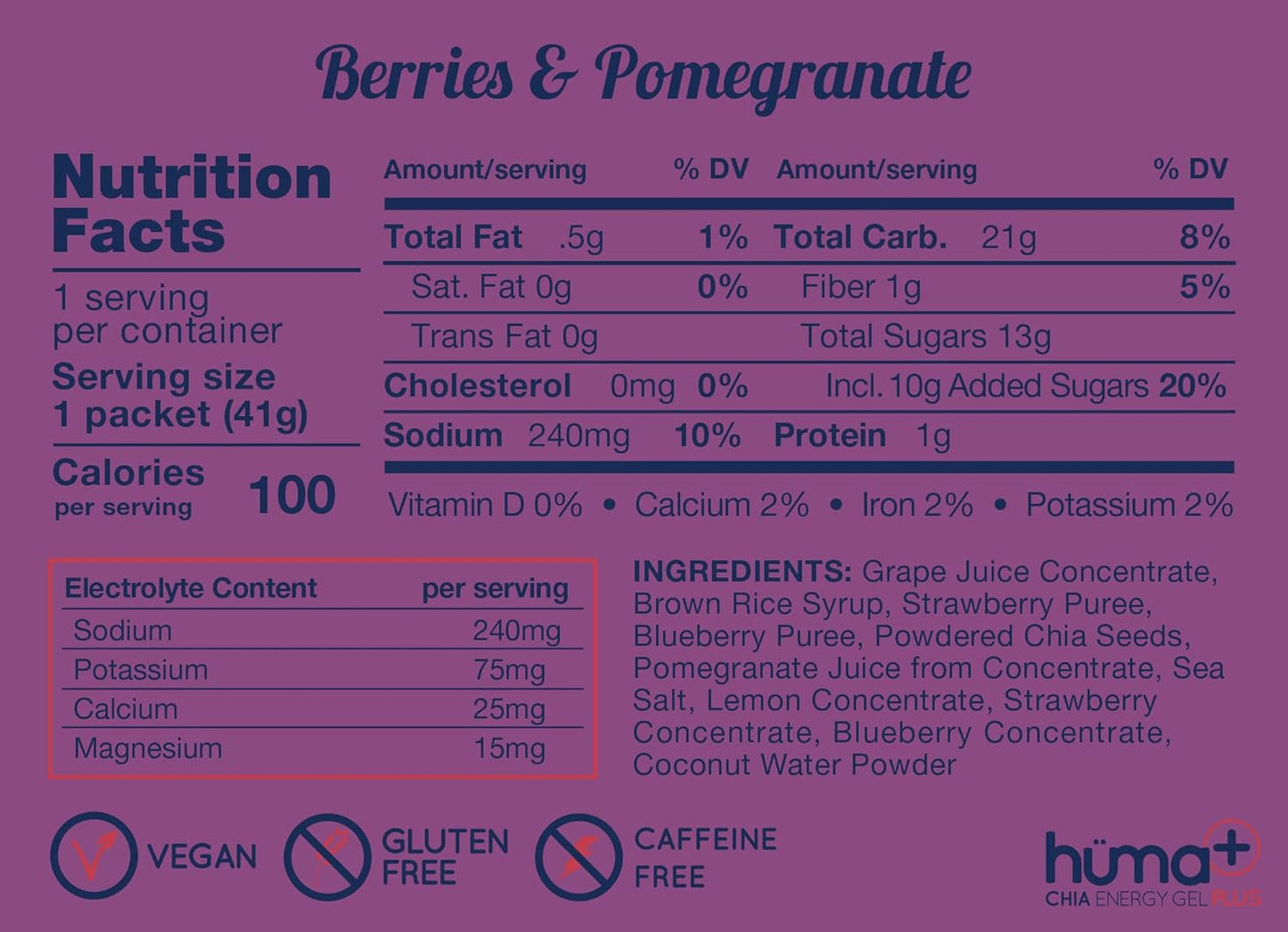 Chia Energy Gel with Double Electrolytes - Berries & Pomegranate Flavor, 12 Pack - Real Food Energy Gels for Sensitive Stomachs