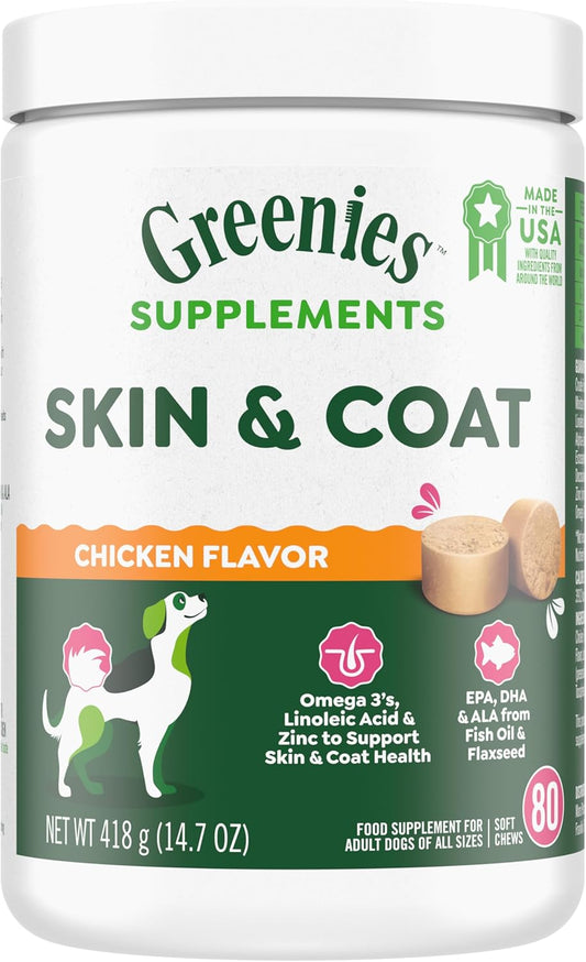 Chicken-Flavored Greenies Skin and Coat Supplements for Dogs with Fish Oil, Omega 3, 80 Soft Chews, 14.7 oz.