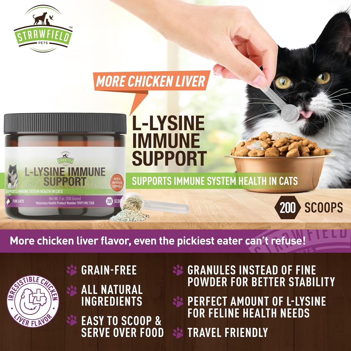 Chicken Liver Flavored L-Lysine Granules for Cats - 200g Immune Support Supplement for Cold Relief, Sneezing, Congestion, and Watery Eyes