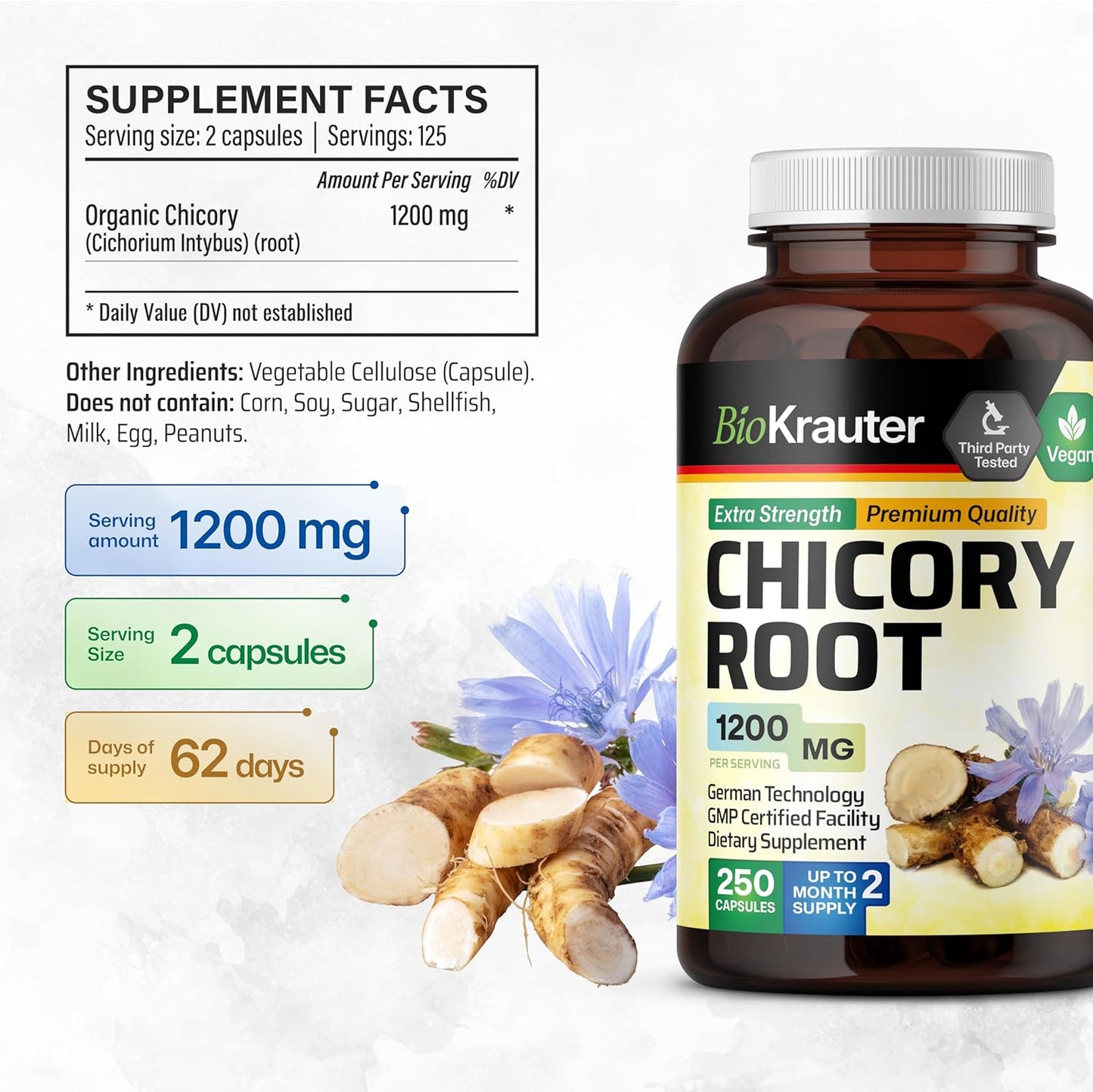 Chicory Root and Inulin Supplement - 250 Capsules of BIO KRAUTER