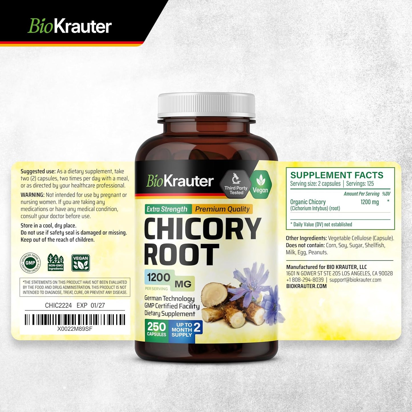 Chicory Root and Inulin Supplement - 250 Capsules of BIO KRAUTER