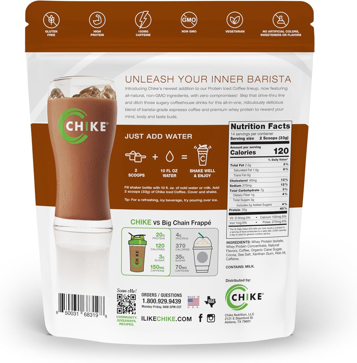 CHIKE Natural Caffe Mocha High Protein Iced Coffee - 20g Protein, 2 Shots Espresso, Non-GMO, Keto & Gluten Free - 14 Servings