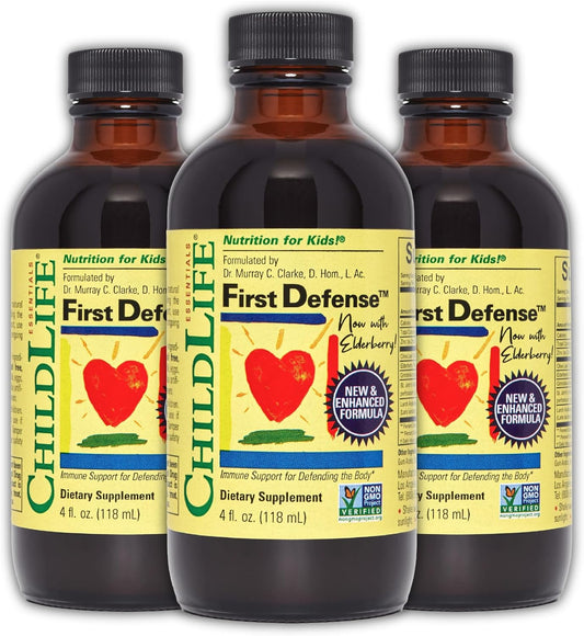 ChildLife Essentials First Defense - Kids Immune Support Syrup with Elderberry & Zinc - 4 Fl Oz (Pack of 3) - Non GMO & Gluten Free