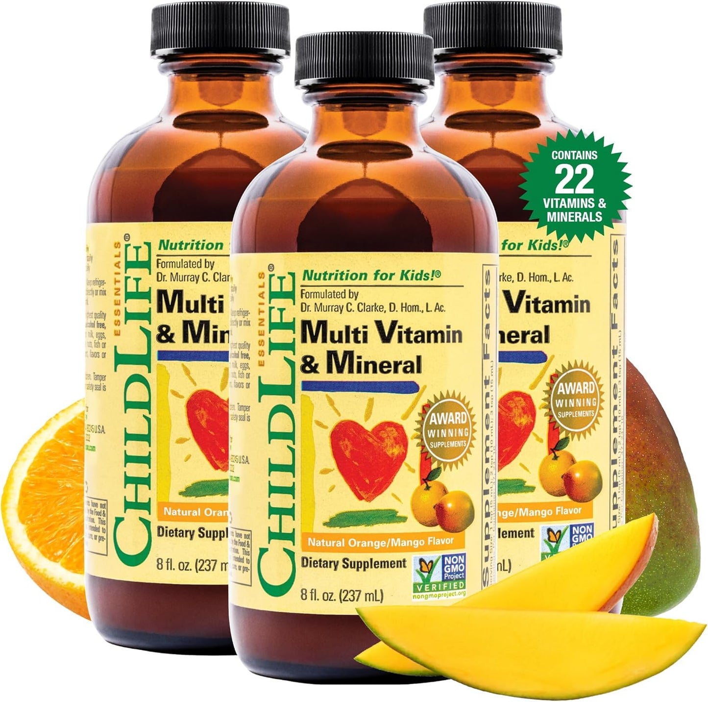ChildLife Essentials Liquid Multivitamin for Kids - Natural Orange & Mango Flavor - 8 Fl Oz (Pack of 3) - Kids Vitamins & Minerals - Toddler & Baby Multivitamin