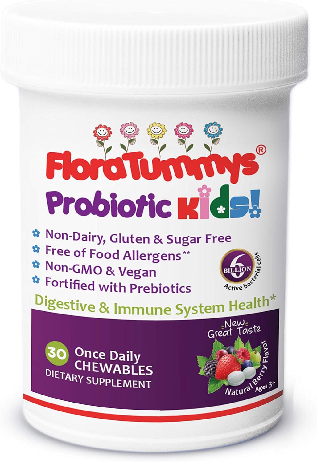 Children's Chewable Probiotics with Prebiotics - Non-Dairy, Gluten, Sugar, Peanut & Soy Free, Non-GMO, Allergen Tested, Vegan, Kosher - Berry Flavor - 1 Bottle