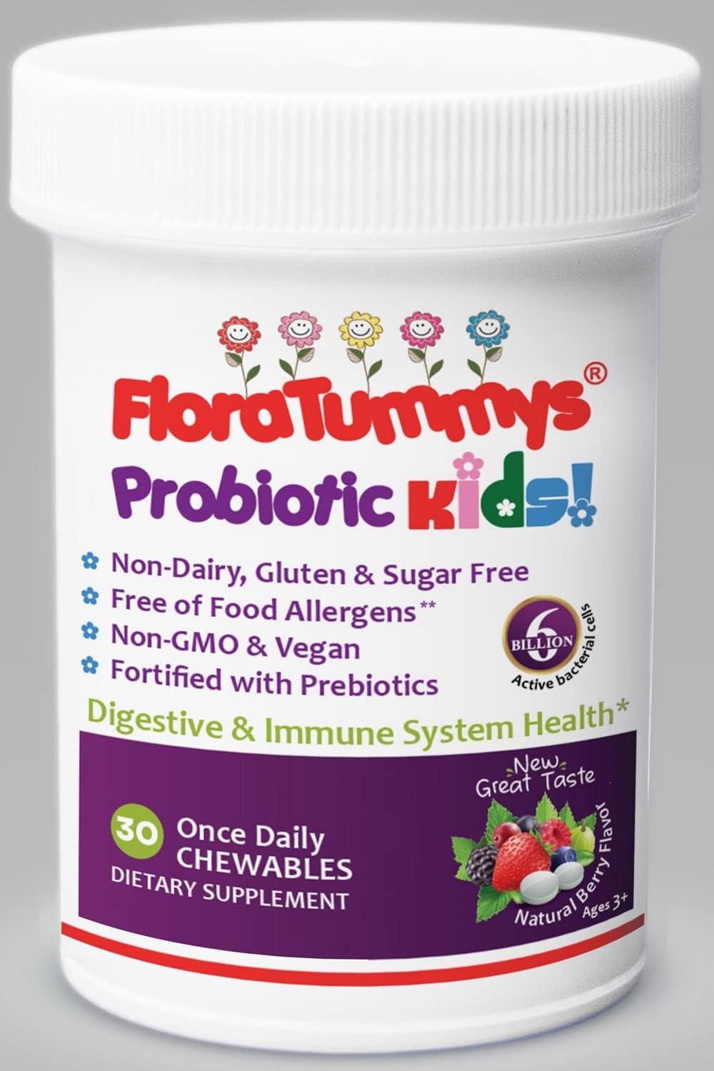 Children's Chewable Probiotics with Prebiotics - Non-Dairy, Gluten, Sugar, Peanut & Soy Free, Non-GMO, Allergen Tested, Vegan, Kosher - Berry Flavor - 1 Bottle