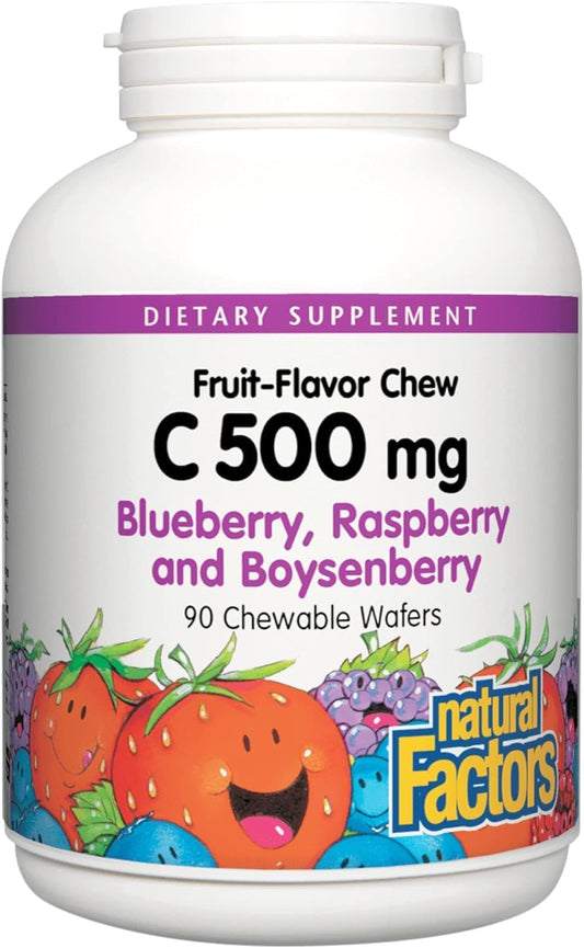 Children's Chewable Vitamin C 500mg with Blueberry, Raspberry, and Boysenberry Flavors - 90 Count Pack - Immune Health Support for Bones, Teeth, and Gums