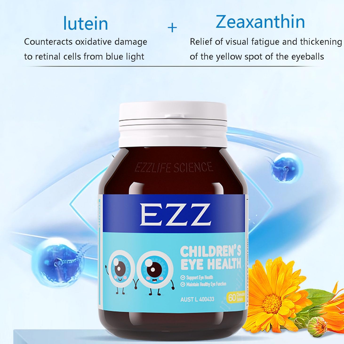 Children's Eye Health Vitamins with Lutein and Zeaxanthin for Visual Fatigue Relief, Natural Formula, 60 Chewable Tablets