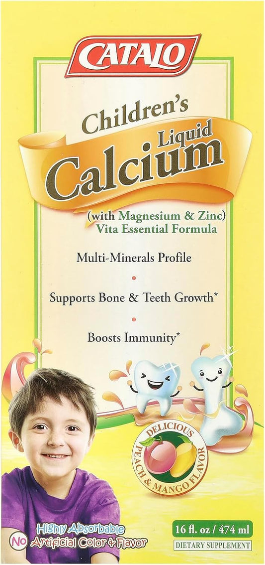 Children's Liquid Calcium with Magnesium, Zinc, Peach Mango Flavor - Bone & Teeth Growth, Immunity Boost - High Absorption, No Artificial Colors/Flavors