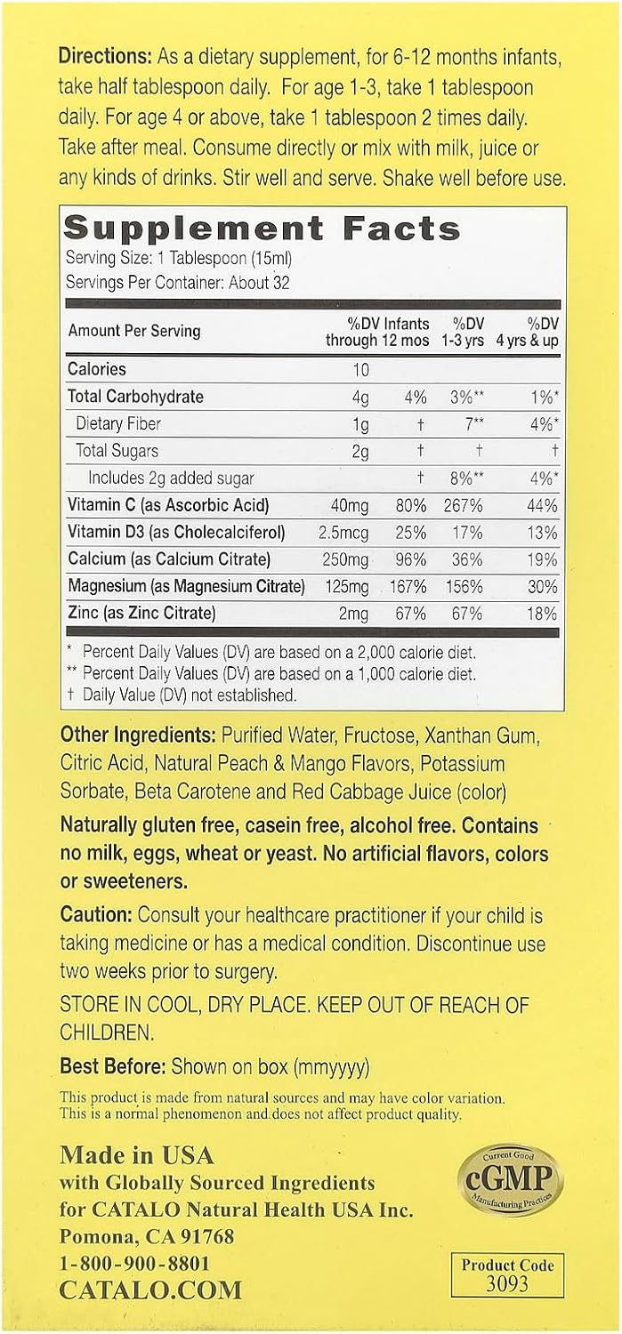 Children's Liquid Calcium with Magnesium, Zinc, Peach Mango Flavor - Bone & Teeth Growth, Immunity Boost - High Absorption, No Artificial Colors/Flavors