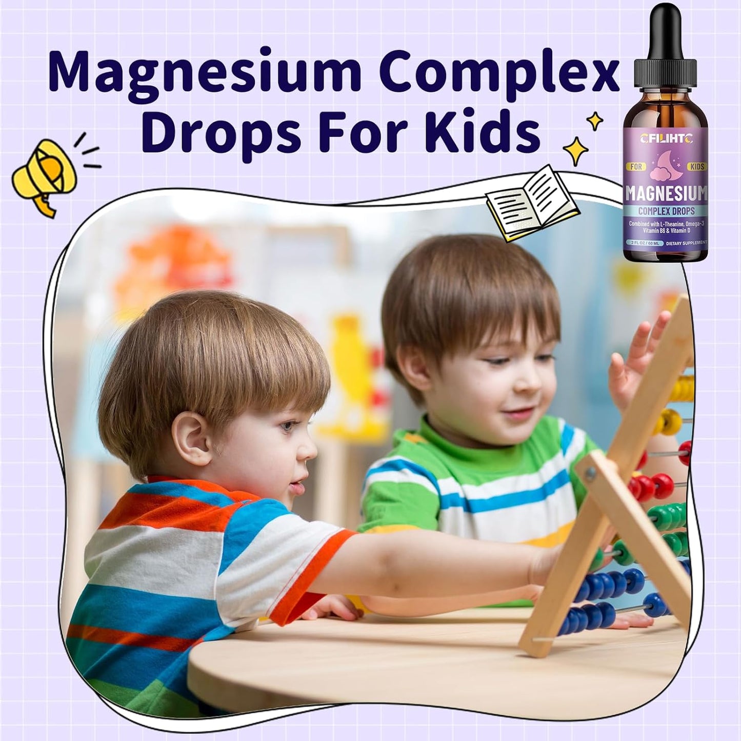 Children's Magnesium Calm Liquid Drops with L-Theanine, Omega-3, Vitamin B6 & D3 - 2 Fl Oz Kids Magnesium Glycinate Supplement for Sleep, Relaxation, Brain, Bones