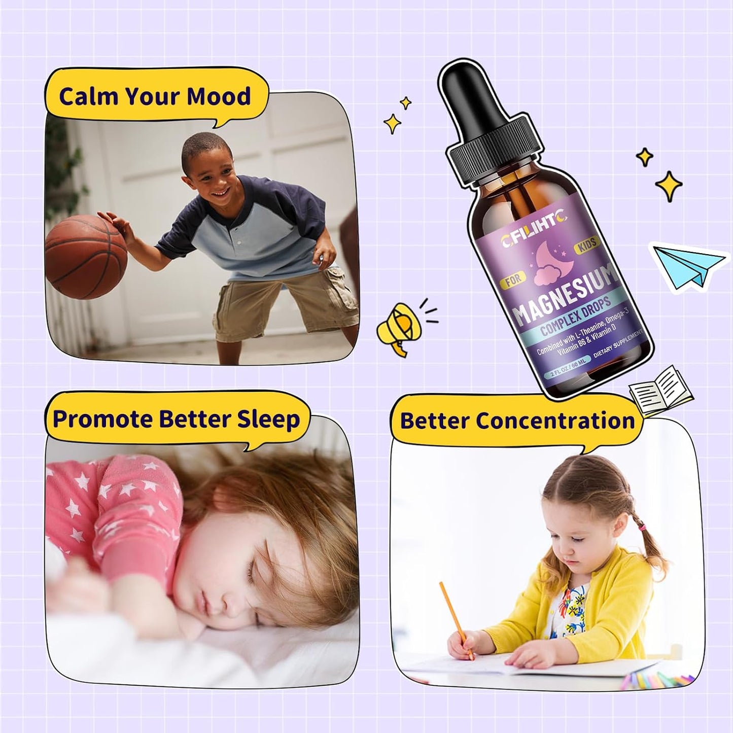 Children's Magnesium Calm Liquid Drops with L-Theanine, Omega-3, Vitamin B6 & D3 - 2 Fl Oz Kids Magnesium Glycinate Supplement for Sleep, Relaxation, Brain, Bones