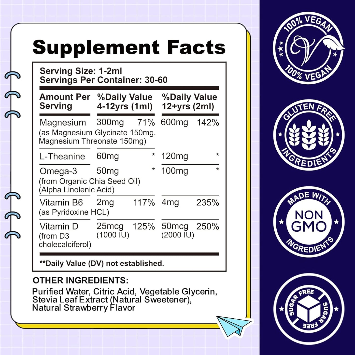 Children's Magnesium Calm Liquid Drops with L-Theanine, Omega-3, Vitamin B6 & D3 - 2 Fl Oz Kids Magnesium Glycinate Supplement for Sleep, Relaxation, Brain, Bones