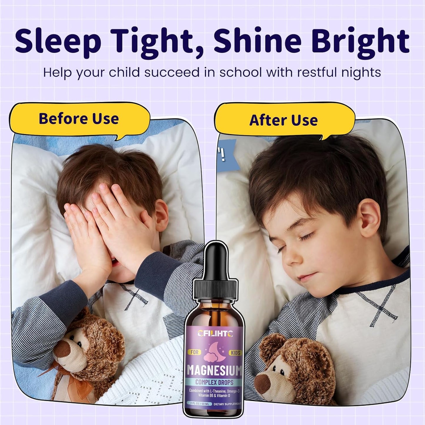 Children's Magnesium Calm Liquid Drops with L-Theanine, Omega-3, Vitamin B6 & D3 - 2 Fl Oz Kids Magnesium Glycinate Supplement for Sleep, Relaxation, Brain, Bones