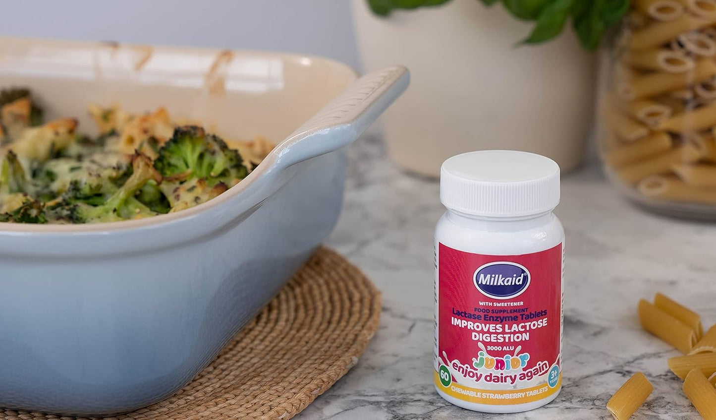 Children's Milkaid Junior Chewable Tablets & Drops for Lactose Intolerance Relief | Prevent Gas, Bloating, Diarrhea | Fast-Acting Dairy Digestive Supplement