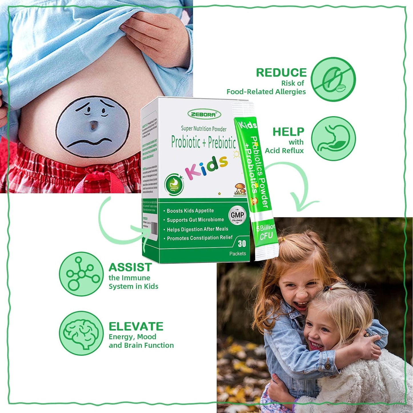 Children's Probiotic & Prebiotic Powder for Digestive & Immune Support, Ages 3+, Non-GMO, Gluten-Free, 30 Packets, 5 Billion CFUs