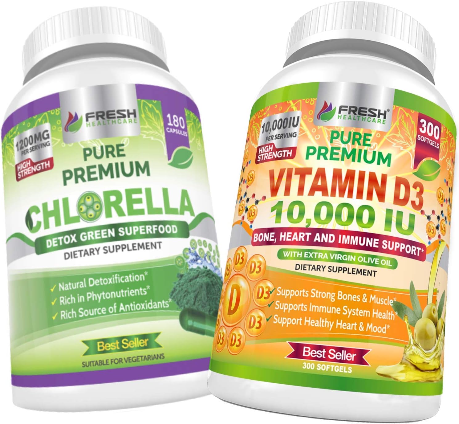Chlorella and Vitamin D3 10,000 IU Bundle by FRESH HEALTHCARE for Immune Support and Overall Wellness