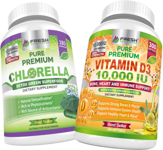 Chlorella and Vitamin D3 10,000 IU Bundle by FRESH HEALTHCARE for Immune Support and Overall Wellness