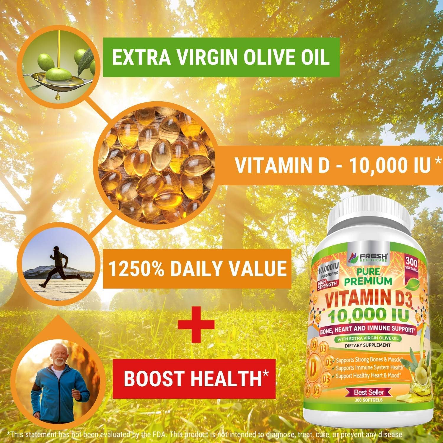 Chlorella and Vitamin D3 10,000 IU Bundle by FRESH HEALTHCARE for Immune Support and Overall Wellness
