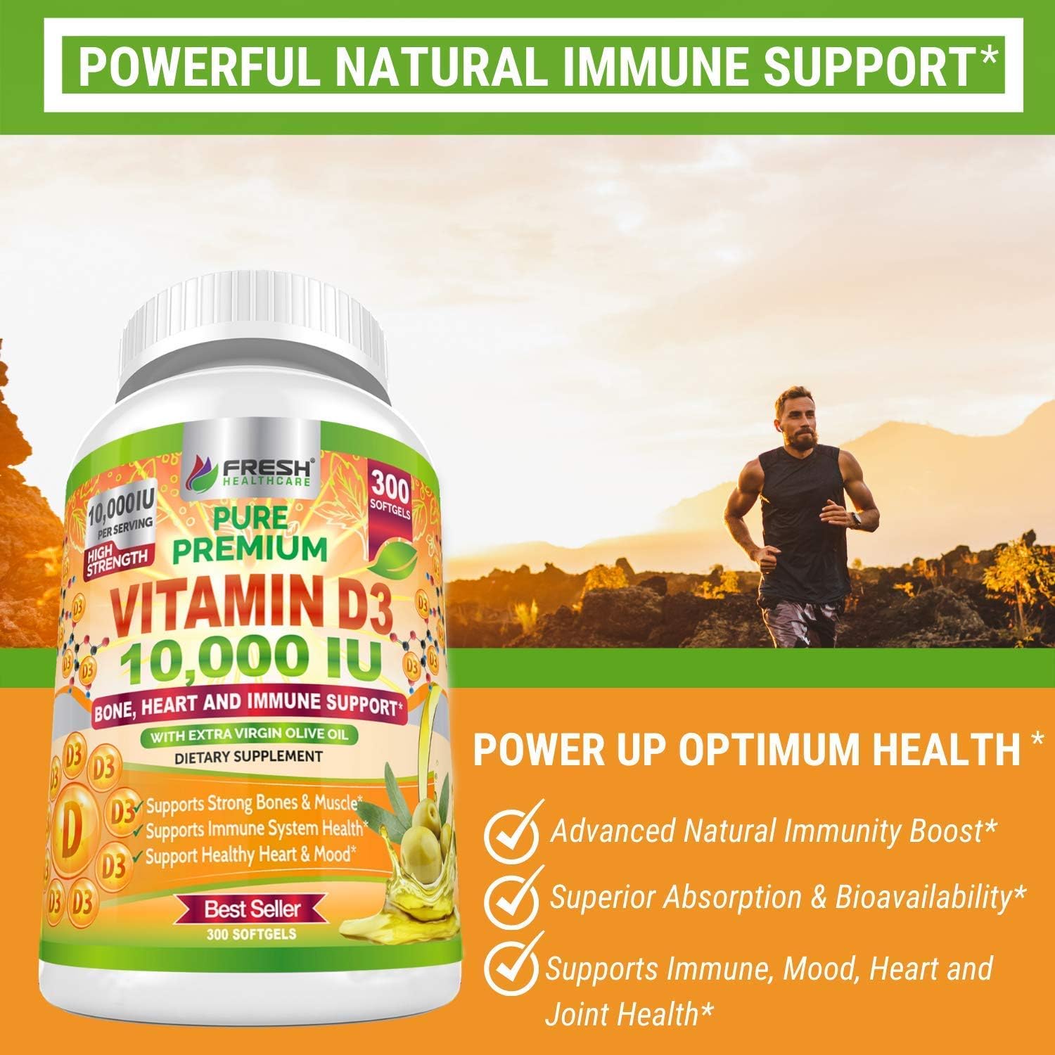 Chlorella and Vitamin D3 10,000 IU Bundle by FRESH HEALTHCARE for Immune Support and Overall Wellness