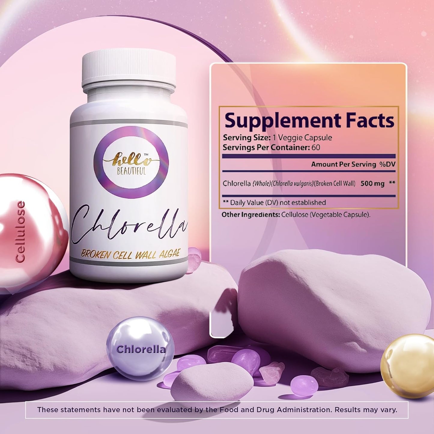 Chlorella Broken Cell Wall Algae Capsules - Hair Growth & Gut Health - 500mg, 60 Count