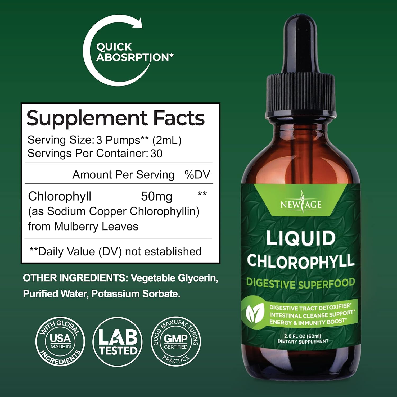 Chlorophyll Liquid Drops - Natural Energy Booster, Digestion and Immune Support - Internal Deodorant, Liver Function - 2 Fl Oz (Pack of 4)