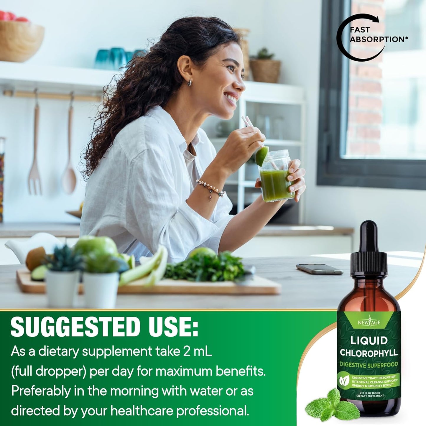 Chlorophyll Liquid Drops - Natural Energy Booster for Digestion, Immune System, Liver Function - Internal Deodorant, 2 Fl Oz