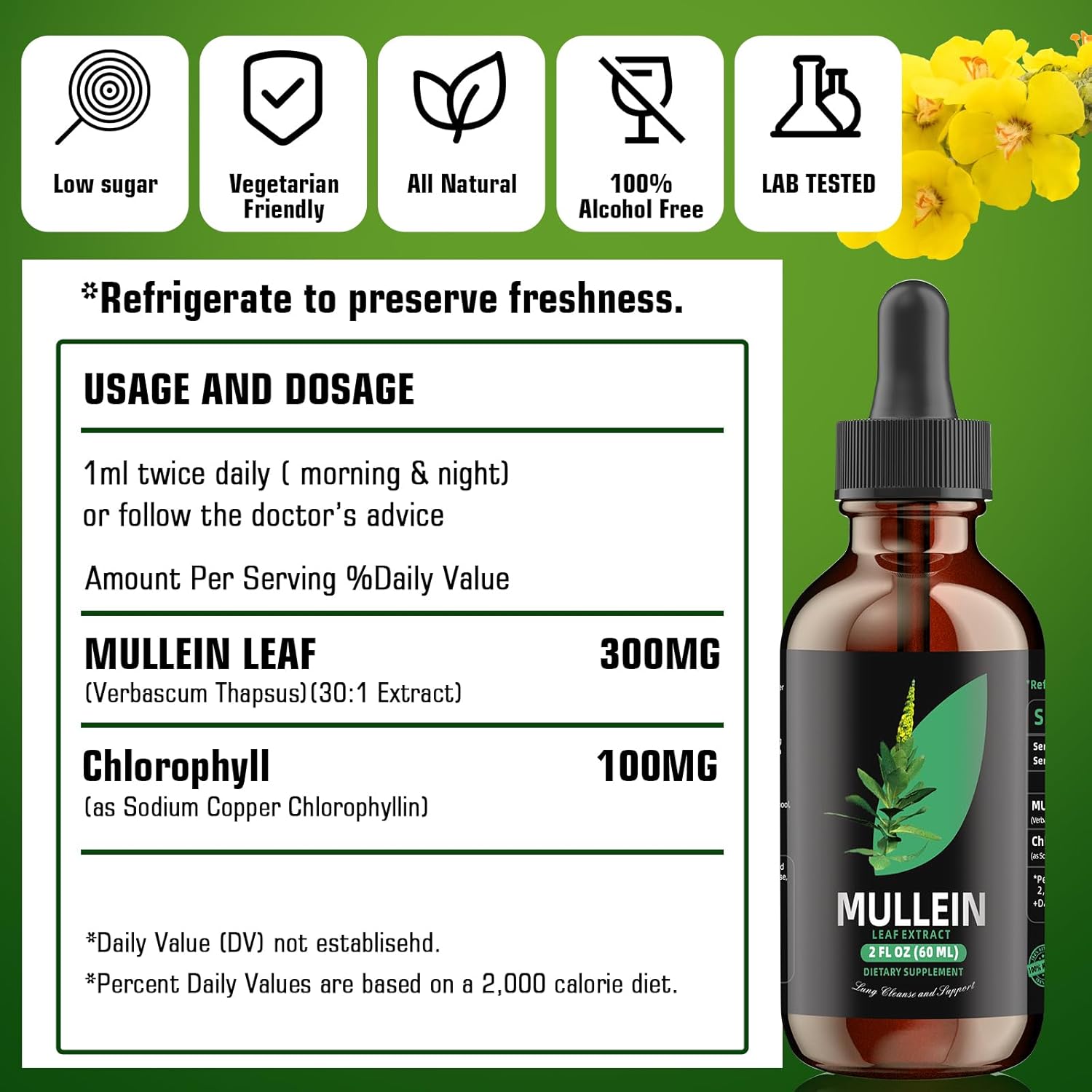 Chlorophyll & Mullein Leaf Extract for Lung Cleanse & Healthy Breathing - Natural Tincture Drops, Non-GMO, Vegetarian - 1 Month Supply